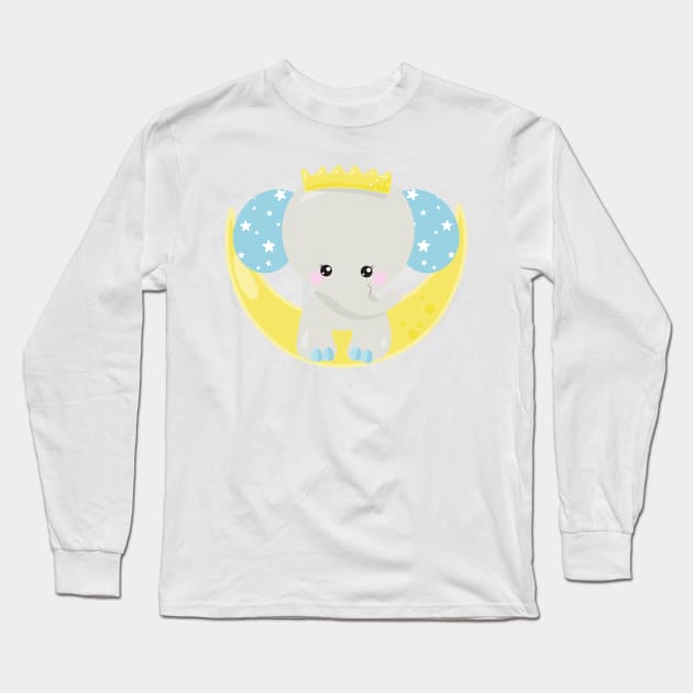 Cute Elephant, Elephant On The Moon, Crown, Stars Long Sleeve T-Shirt by Jelena Dunčević